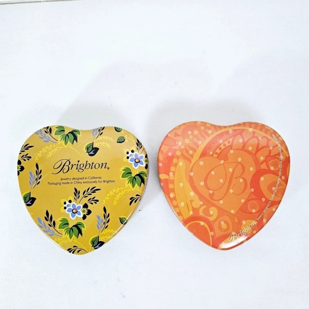 Brighton Heart-Shaped Floral Jewelry Tin Trinket Boxes Set of 2